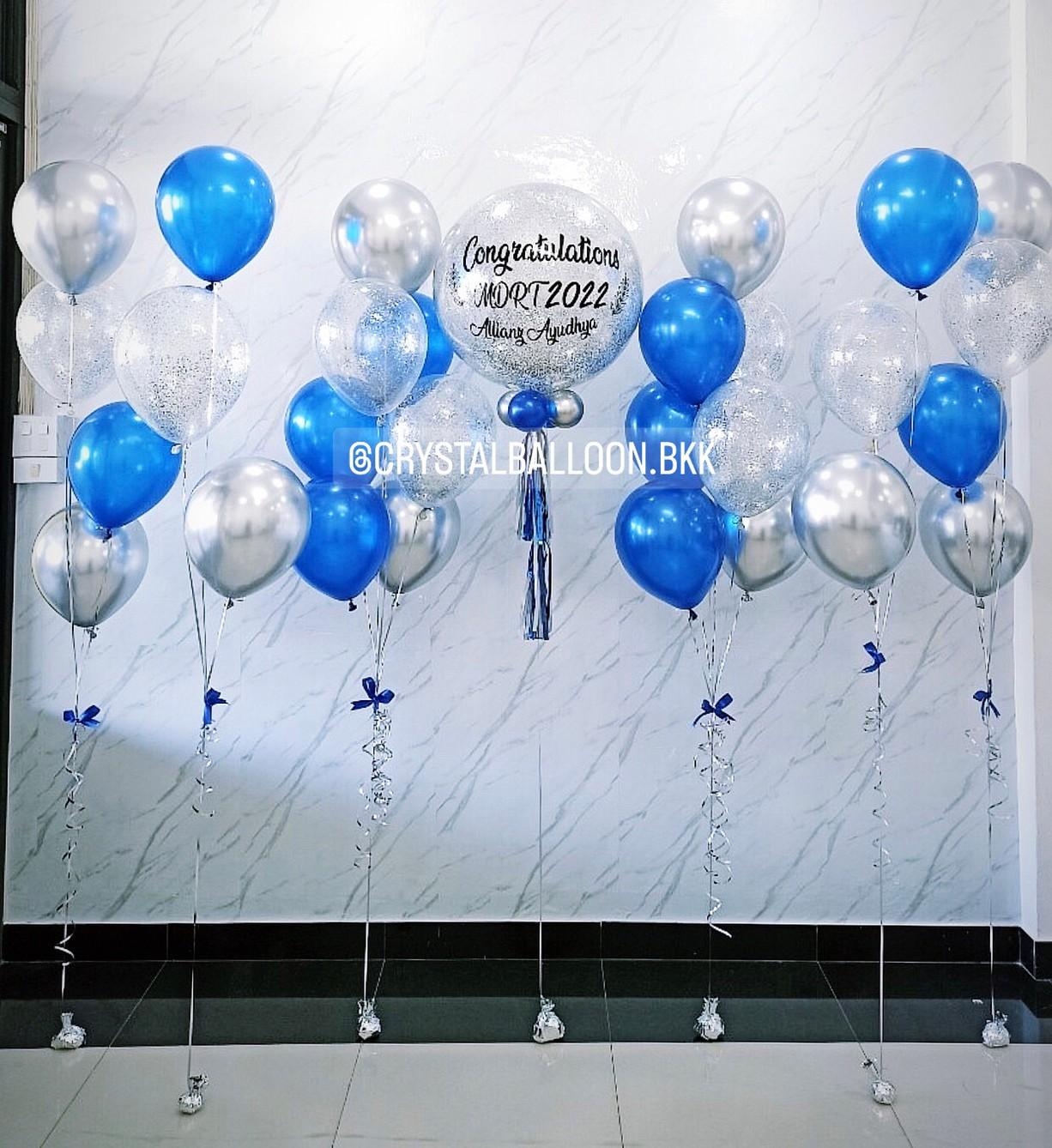 ลูกโป่ง แสดงความยินดี Bubble ขนาด 24" Theme น้ำเงิน-เงิน พร้อม ช่อลูกโป่ง ช่อ 7 ลูก 2 ช่อ,ช่อลูกโป่ง 3 ลูก 2 ช่อ,ช่อลูกโป่ง 4 ลูก 2 ช่อ,ลูกโป่งใส ใส่กลิตเตอร์ พร้อมตกเเต่ง สามารถเปลี่ยนสีลูกโป่ง/เปลี่ยนข้อความ/เปลี่ยนขนาดได้