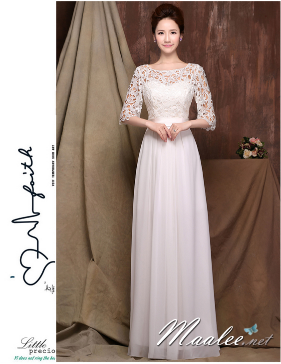 พร้อมส่ง ชุดราตรียาว สีขาว แขนสามส่วน ลูกไม้ฉลุ กระโปรงผ้าชีฟอง