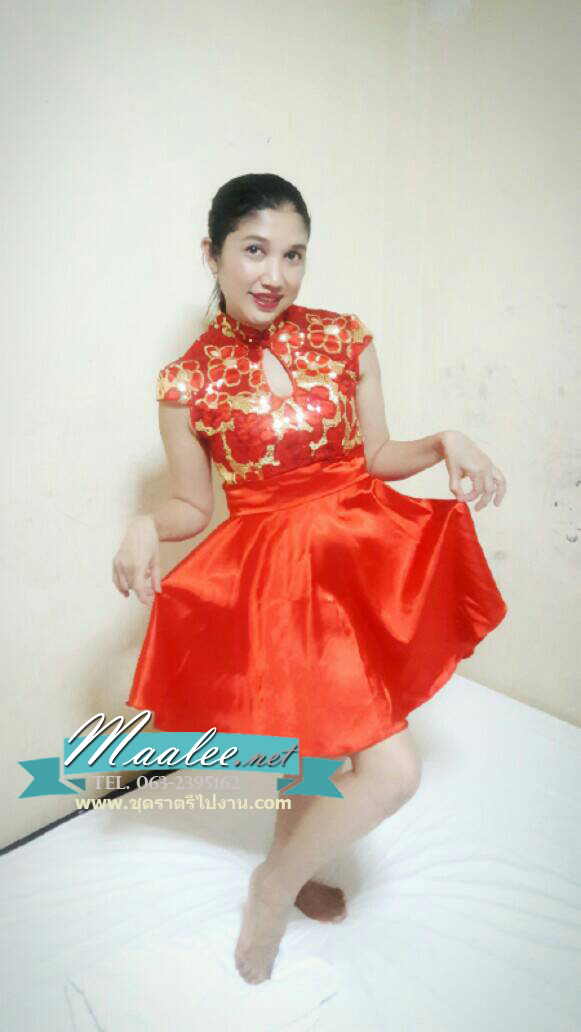 พร้อมเช่า ชุดกี่เพ้า ชุดจีน ชุดแฟนซี สีแดง กระโปรงผ้าซาติน พร้อมเช่า