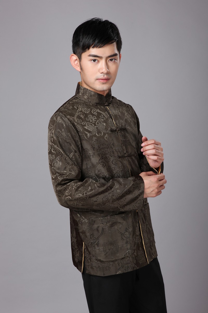 Pre-order ชุดจีน ชาย เสื้อผ้าแพร สีน้ำตาล/ ทอง ใส่ได้สองด้าน