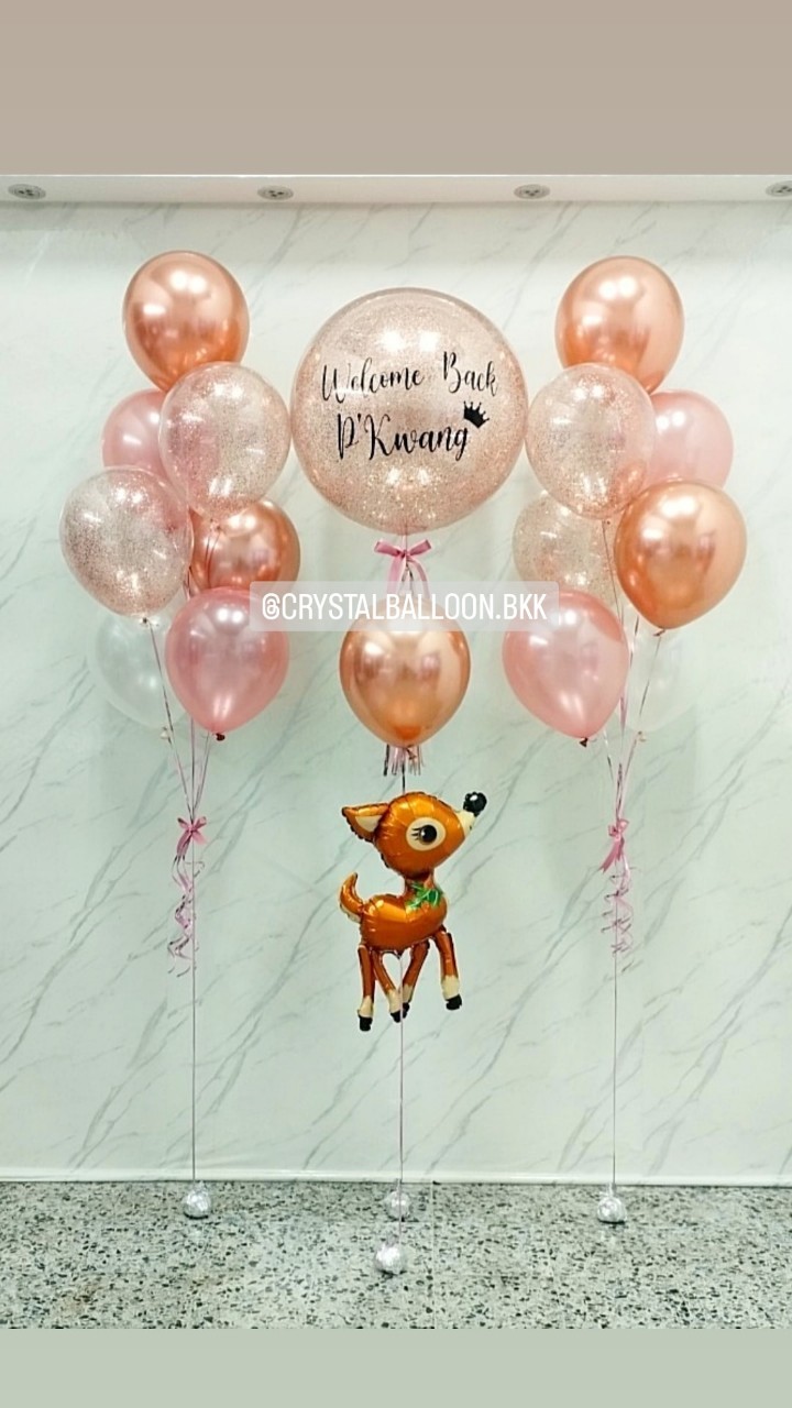 ลูกโป่ง Welcome Home Bubble ขนาด 24" กลิตเตอร์สีโรสโกล พร้อม ฟอยล์กวาง เเบบลอย 1 ชิ้น พร้อม ช่อลูกโป่ง ช่อ 7 ลูก 2 ช่อ,ลูกโป่งใส กลิตเตอร์โรสโกล พร้อมตกเเต่ง สามารถเปลี่ยนสีลูกโป่ง/เปลี่ยนข้อความ/เปลี่ยนฟอยล์ตกเเต่งได้