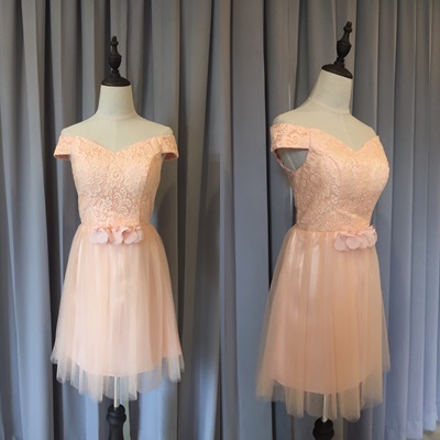 พร้อมส่ง ชุดราตรีสั้น ชุดเพื่อนเจ้าสาว PE-619 สีโอโรส แบบ C ไหล่ปาด ช่วงอกแต่งลูกไม้ เอวแต่งกลีบดอกไม้สวย (เชือกผูกหลัง)