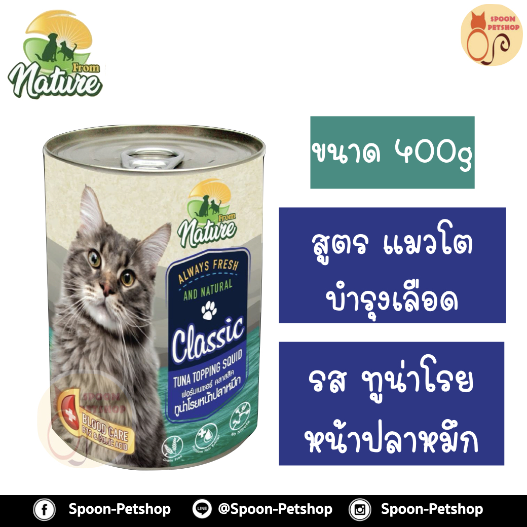 From Nature อาหารเปียก กระป๋อง ฟรอมเนเจอร์ สำหรับแมว สูตรบำรุงเลือด รสทูน่าโรยหน้าปลาหมึก ขนาด 400 กรัม