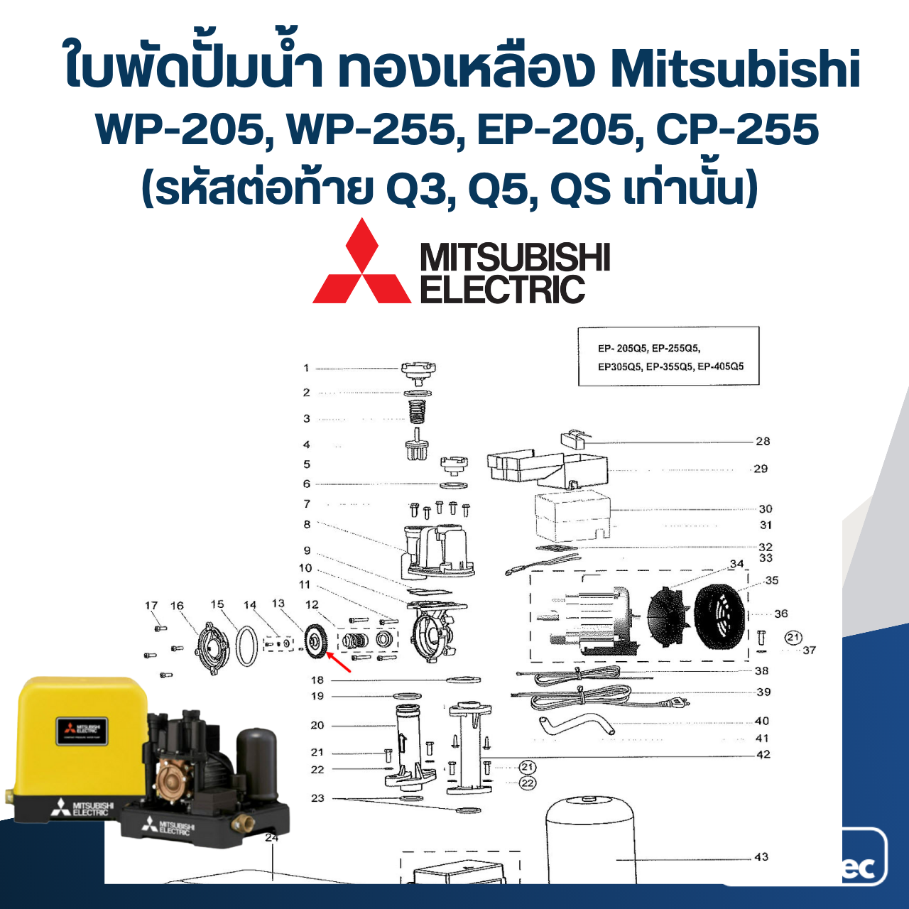 #A32 ใบพัดปั้มน้ำ ทองเหลือง Mitsubishi WP-205, WP-255, EP-205, CP-255 Pn.H00805P04 (แท้)