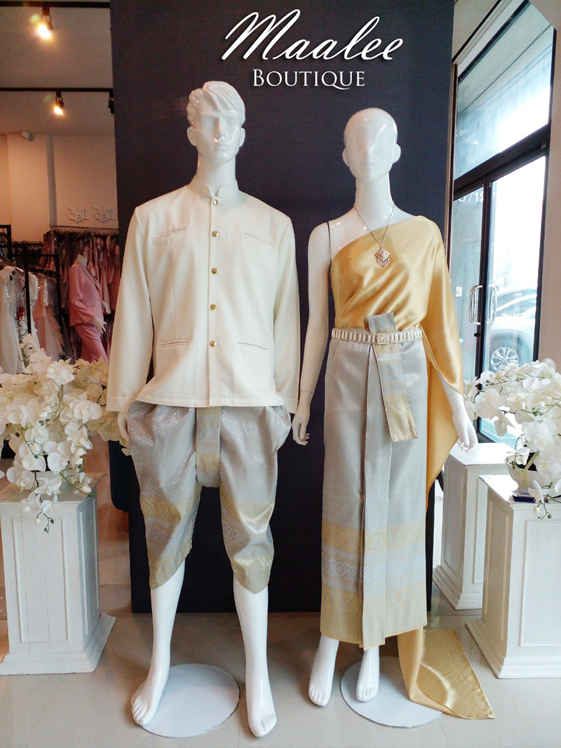 เช่า ชุดไทย ชุดเพื่อนเจ้าสาว ชุดไทยผ้าถุงสีเทาทอง สไบสีทอง