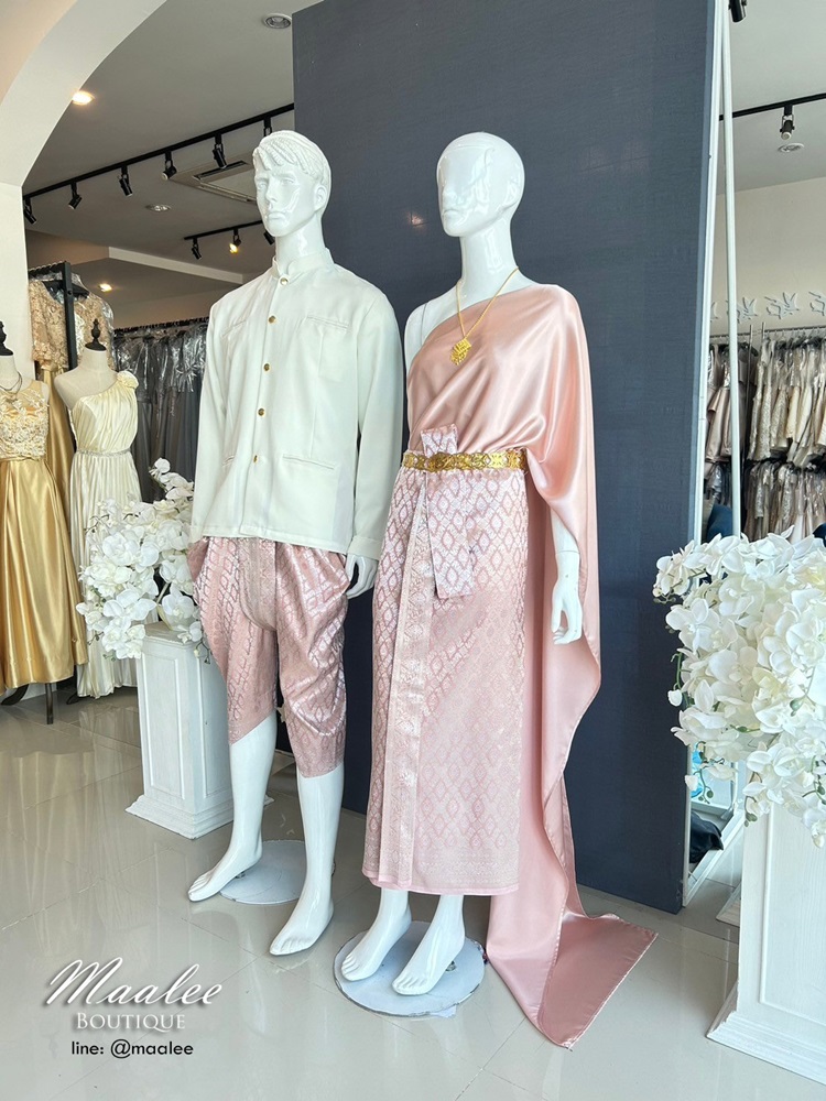 เช่า ชุดไทย ชุดเพื่อนเจ้าสาว ชุดไทยผ้าถุงสีโอวัลตินชมพูเงิน สไบเรียบ สีโอโรส