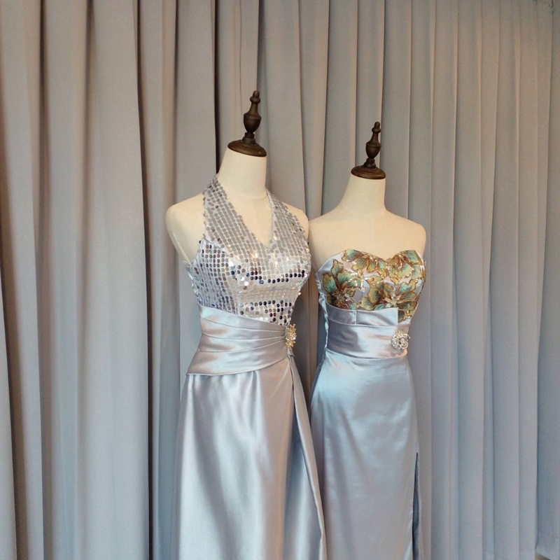 พร้อมเช่า ชุดราตรียาว สีเงิน เกาะอกลูกไม้ปัก ทรงหางปลา ผ้าซาติน