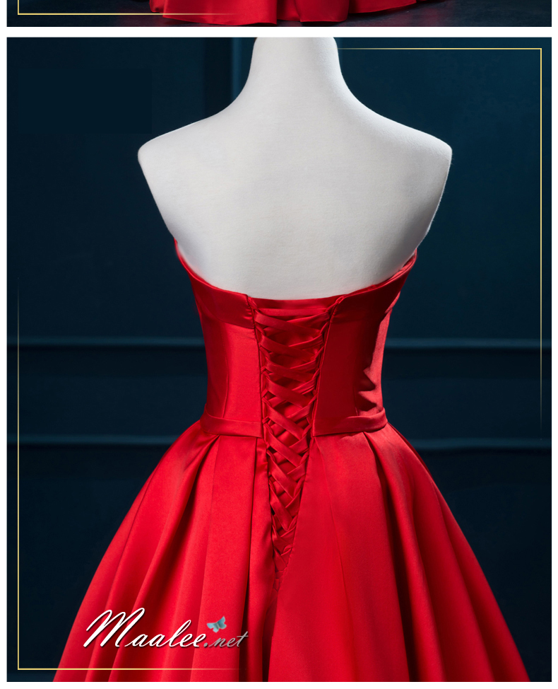 พร้อมส่ง ชุดราตรีสั้น เกาะอกแบบ Sweet Heart สไตล์วินเทจผ้าไหมดัชเชส กระโปรงทรงA แต่งโบว์ช่วงเอว สีแดง (เชือกผูกหลัง)