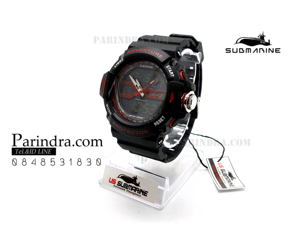 นาฬิกา US submarine รุ่น TP3164M สีดำตัดแดง พื้นหลังดำ