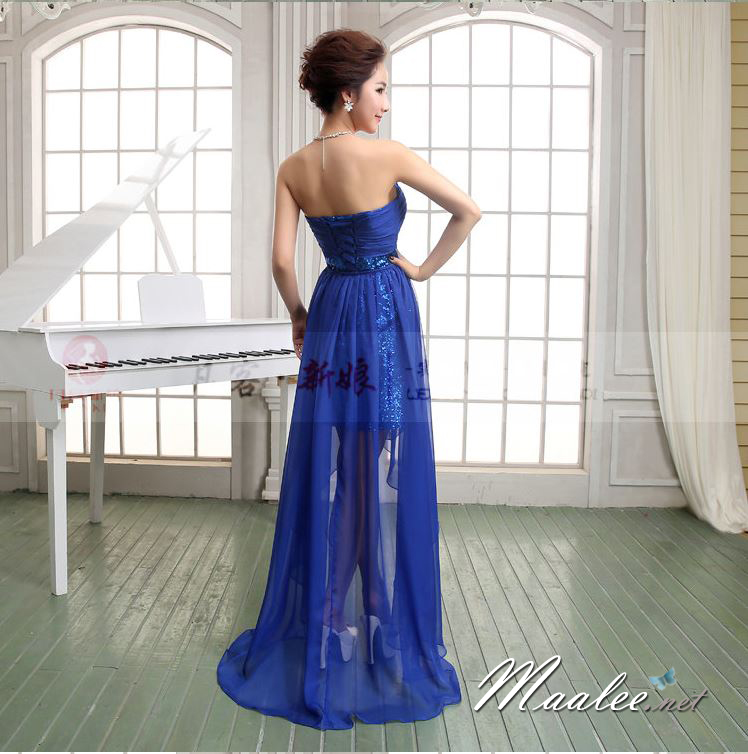 Sale พร้อมส่ง ชุดราตรีสั้น เกาะอก สีน้ำเงิน เข้ารูปปักเลื่อม อกแต่งผ้าชีฟอง (ไม่มีผ้าคลุม)