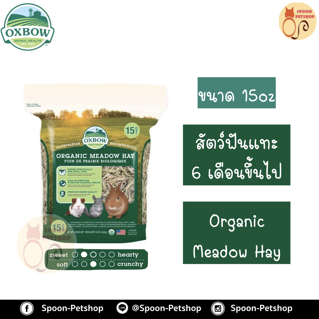 Oxbow Organic Meadow Hay หญ้า อ็อกซ์โบว์ ออแกนิค สำหรับสัตว์ฟันแทะ กระต่าย กระรอก หนูแฮมสเตอร์ หนูแกสบี้ อายุตั้งแต่ 6 เดือนขึ้นไป ขนาด 15Oz