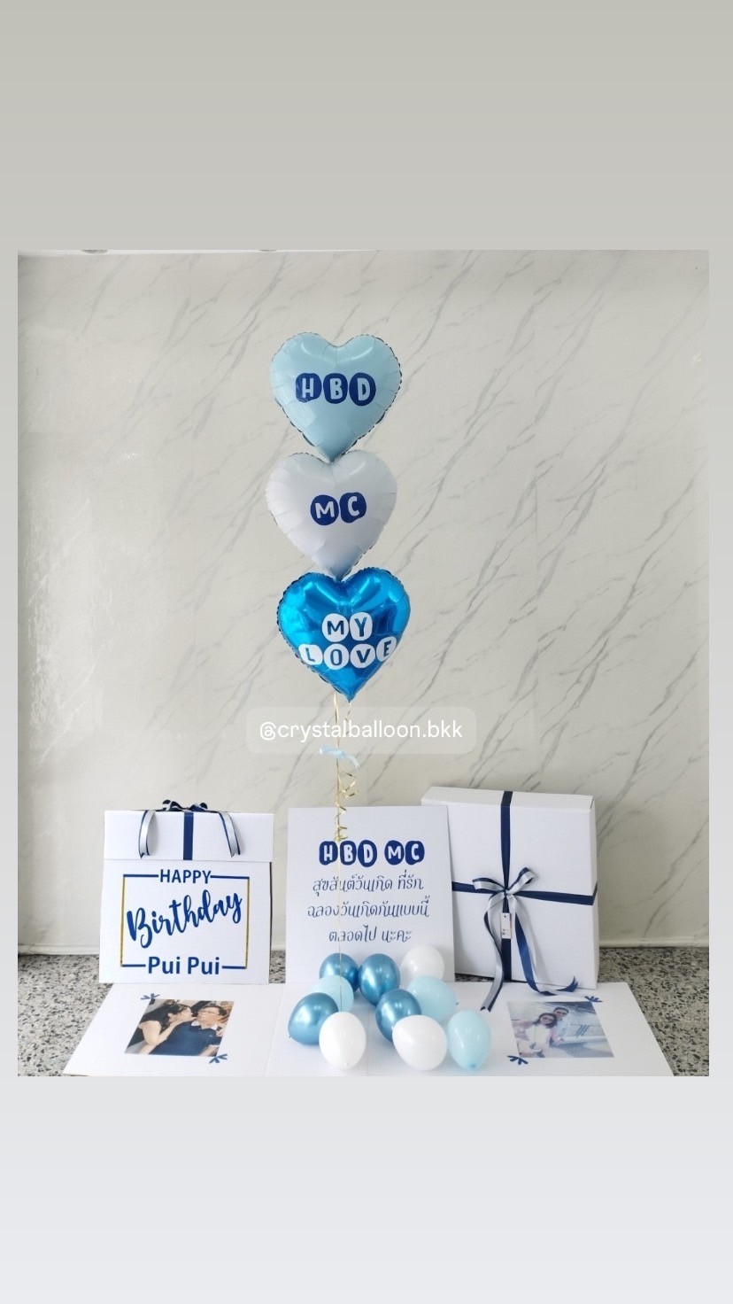 Happy Brithday Surprise Box กล่องเซอร์ไพรส์วันเกิด พร้อม ฟอยล์หัวใจ 18" 3 ชิ้น พร้อมตกเเต่ง สามารถใส่รูปได้ 2 ใบ สามารถเปลี่ยนสีลูกโป่ง/เปลี่ยนข้อความ/เปลี่ยนสีฟอยล์ตกเเต่งได้