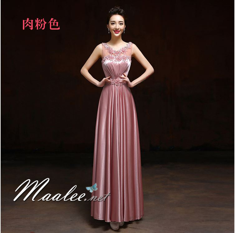พร้อมส่ง ชุดราตรียาว แขนกุด สีชมพู เนื้อผ้ามันใส่สบาย แต่งมุกปักเลื่อมสวยหรูทั้งอกและเอว