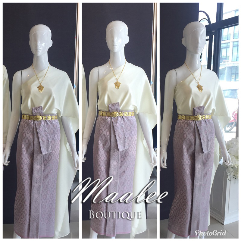 เช่า ชุดไทย ชุดเพื่อนเจ้าสาว ชุดไทยผ้าถุงสีเทาชมพูเงิน สไบเรียบสีงาช้าง