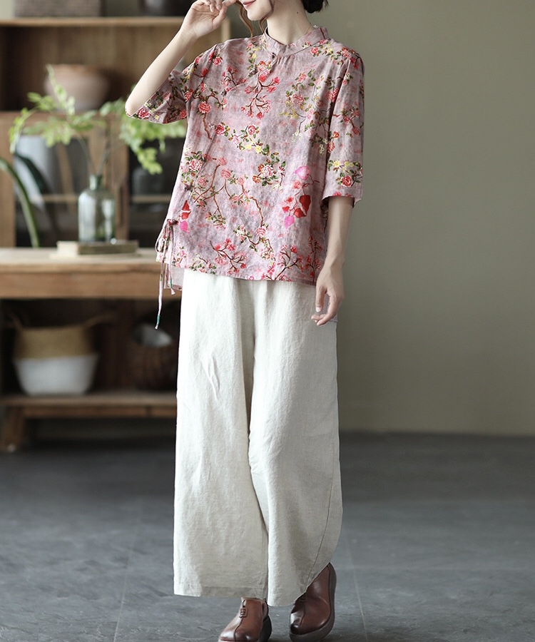 เสื้อคอจีนผ้าลินินผสมฝ้ายลายดอกไม้