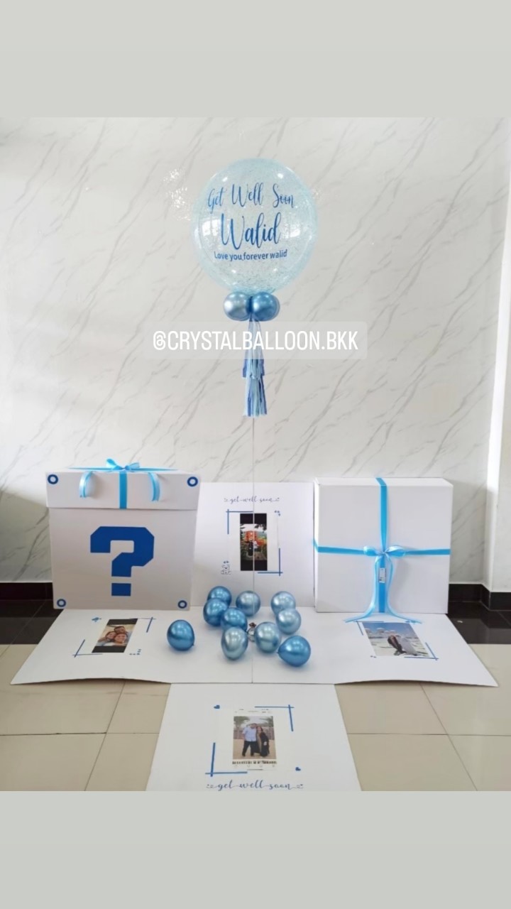 Get Well Soon Surprised Box วันเยี่ยมไข้ Bubble ขนาด 24" กลิตเตอร์สีฟ้า พร้อมตกแต่ง สามารถใส่รูปได้ 4 ใบ สามารถเปลี่ยนสีลูกโป่ง/เปลี่ยนข้อความได้
