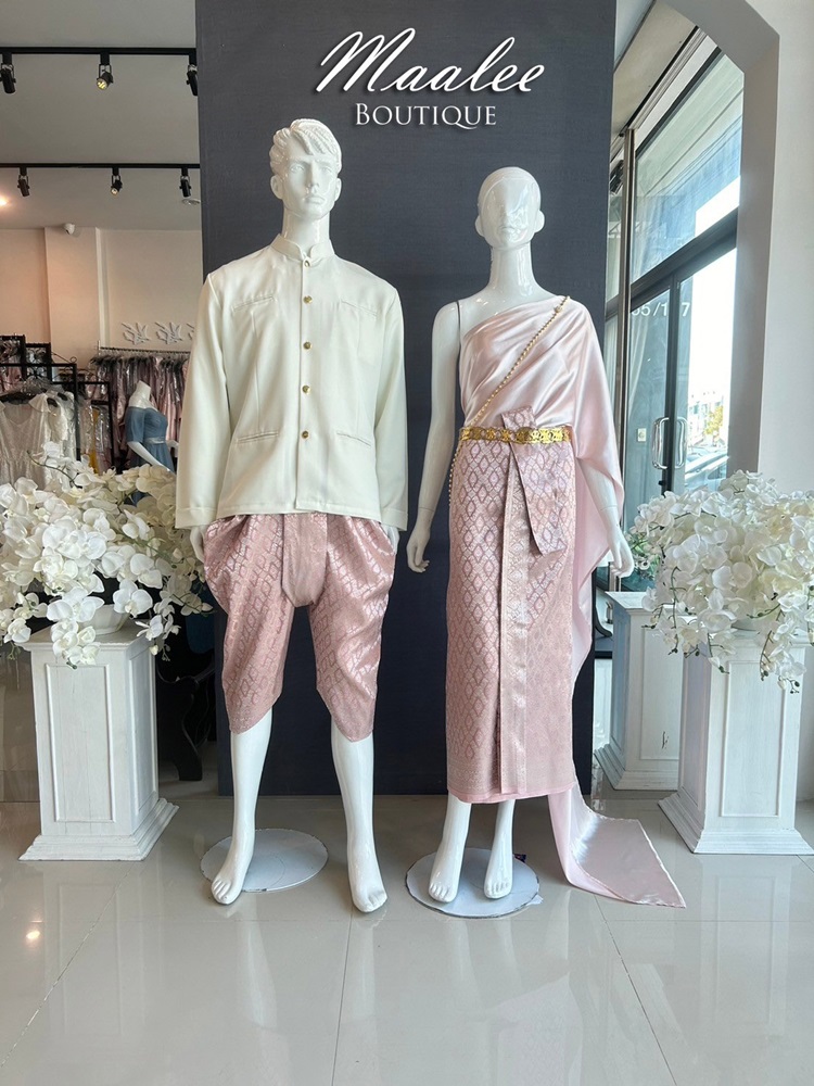 เช่า ชุดไทย ชุดเพื่อนเจ้าสาว ชุดไทยผ้าถุงสีโอวัลตินชมพูเงิน สไบเรียบ สีชมพู