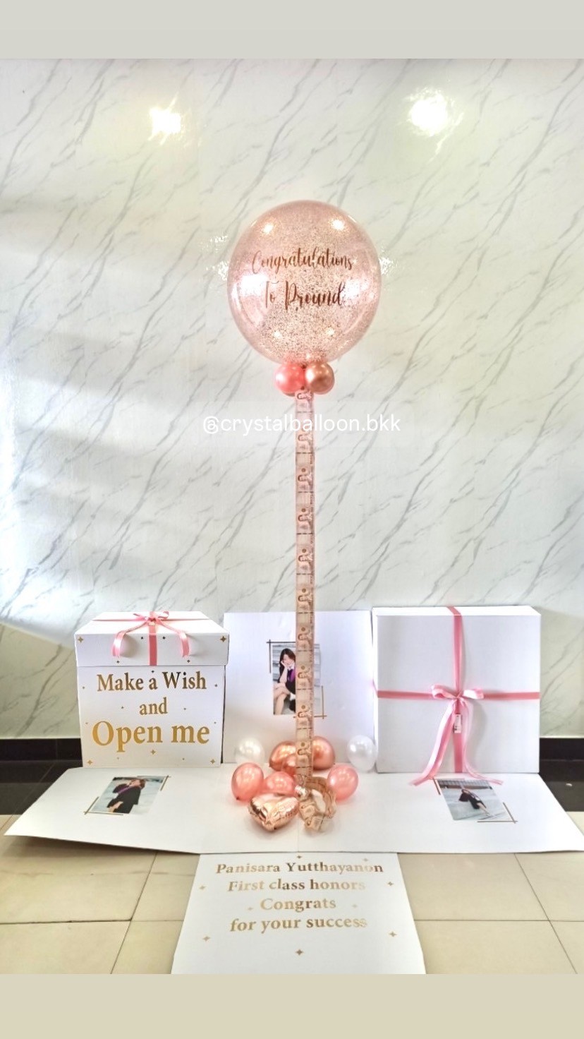 Congratulations Surprise Box กล่องเซอร์ไพรส์รับปริญญา Bubble ขนาด 24" กลิตเตอร์สีโรสโกลด์,พร้อมตกแต่ง สามารถใส่รูปได้ 4 ใบ สามารถเปลี่ยนสีลูกโป่ง/เปลี่ยนข้อความได้