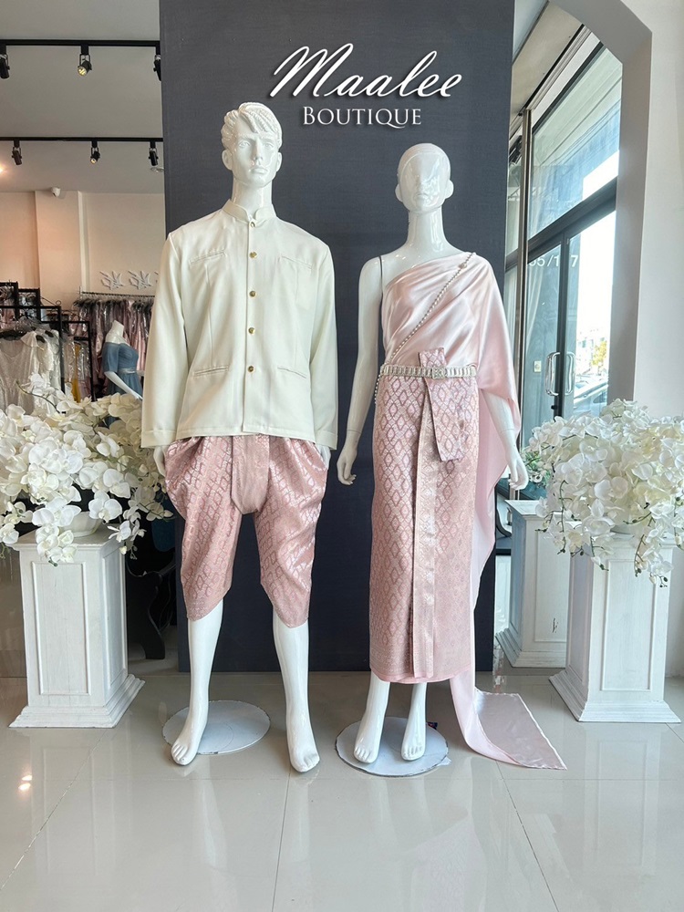 เช่า ชุดไทย ชุดเพื่อนเจ้าสาว ชุดไทยผ้าถุงสีโอวัลตินชมพูเงิน สไบเรียบ สีชมพู