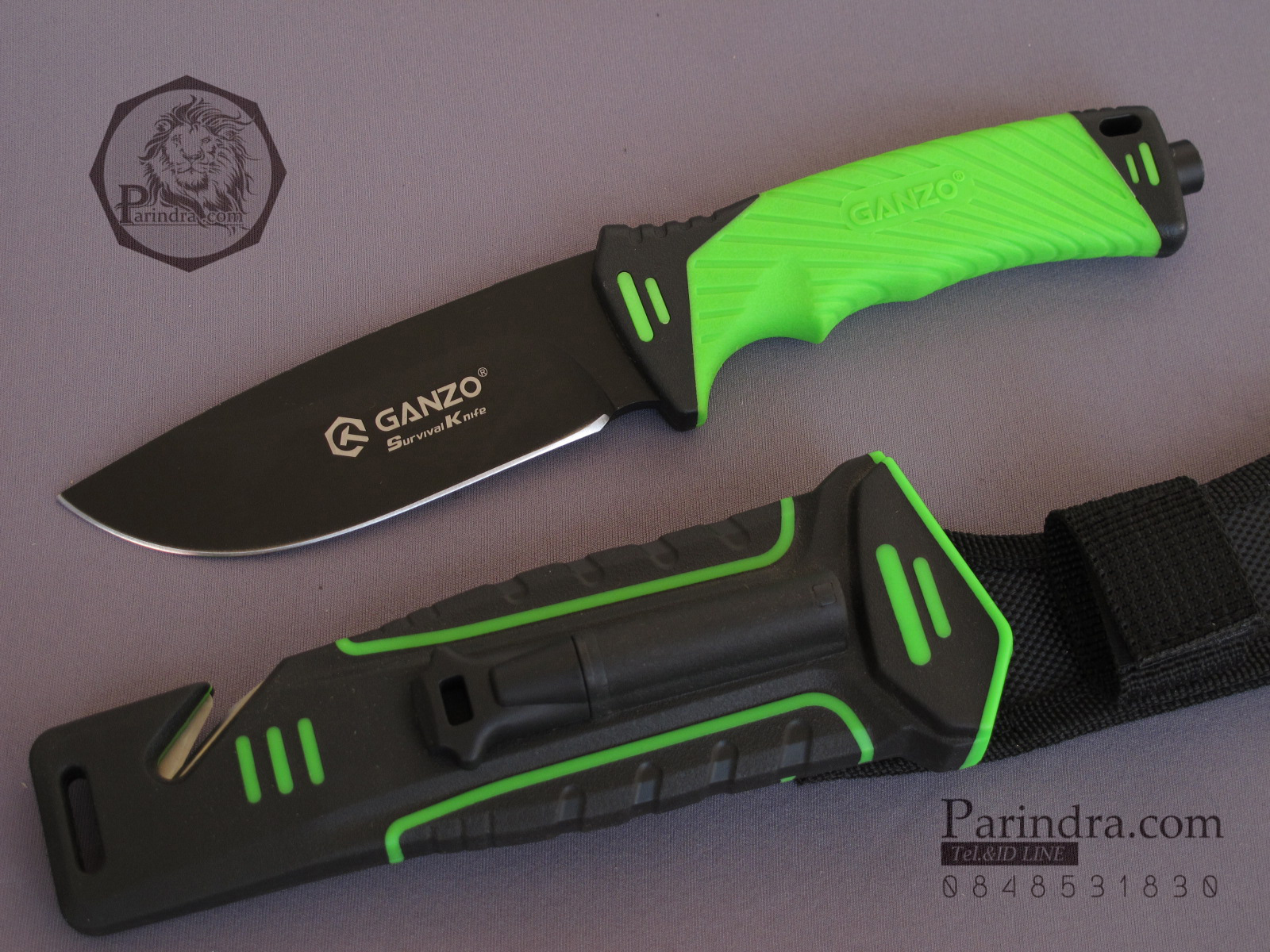 มีดใบตายเดินป่า Ganzo Hunting Survival Knife กานโซ่ รุ่น G-801 LG สีเขียวอ่อนตัดดำ ของแท้ 100%