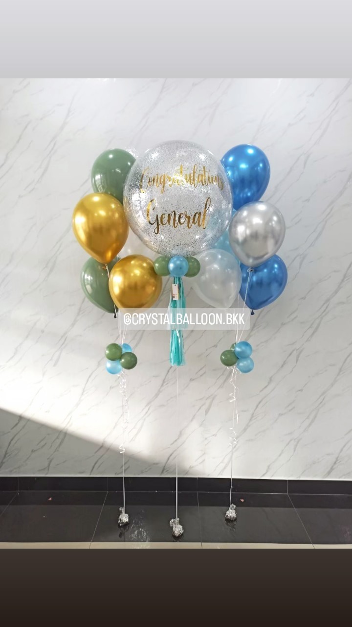 ลูกโป่ง แสดงความยินดี Bubble 24" ใส่กลิตเตอร์สีเงิน พร้อม ช่อลูกโป่ง ช่อ 5 ลูก 2 ช่อ พร้อมตกเเต่ง สามารถเปลี่ยนสีลูกโป่ง/เปลี่ยนข้ความ/เปลี่ยนขนาดได้
