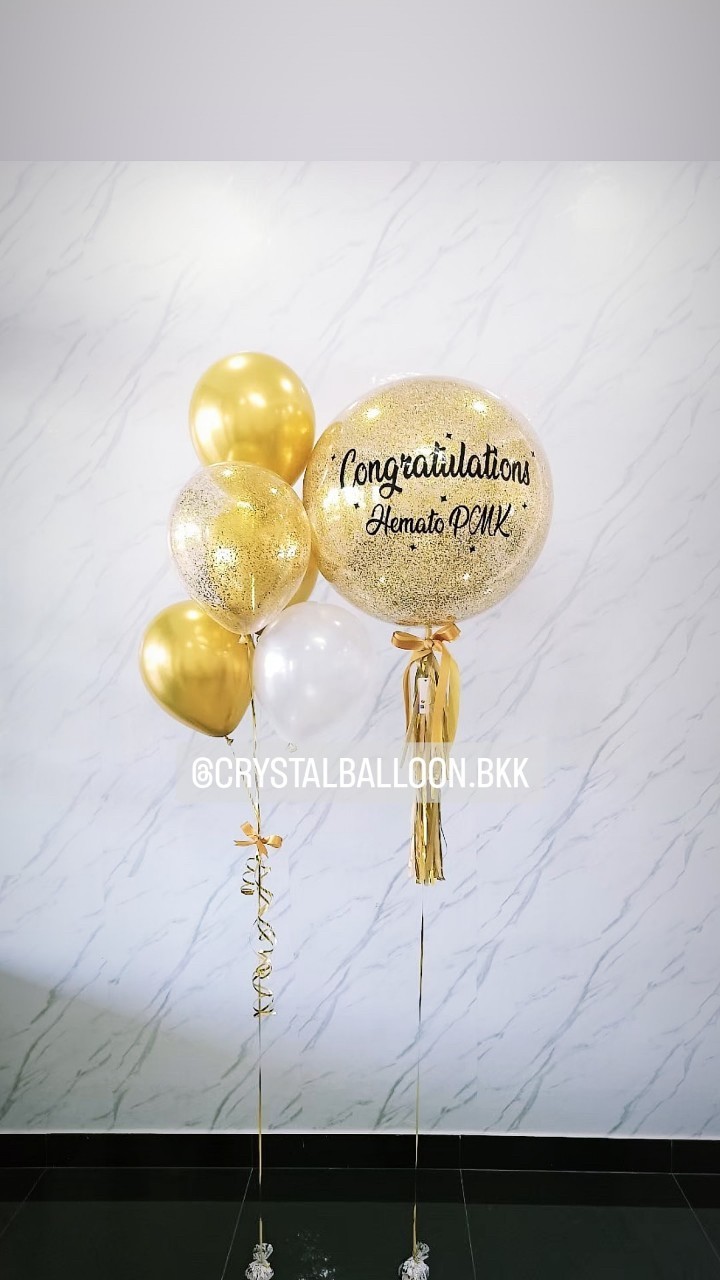 ลูกโป่ง แสดงความยินดี Bubble ขนาด 24" สีทอง พร้อม ช่อลูกโป่ง ช่อ 5 ลูก 1 ช่อ,ลูกโป่งใส ใส่กลิตเตอร์ พร้อมตกเเต่ง สามารถเปลี่ยนสีลูกโป่ง/เปลี่ยนข้อความ/เปลี่ยนขนาดได้
