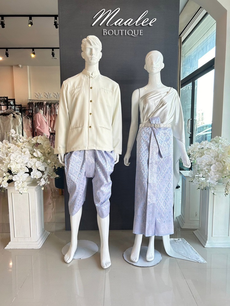 เช่า ชุดไทย ชุดเพื่อนเจ้าสาว ชุดไทยผ้าถุงสีชมพูฟ้าเงิน สไบเรียบสีเทาเงิน