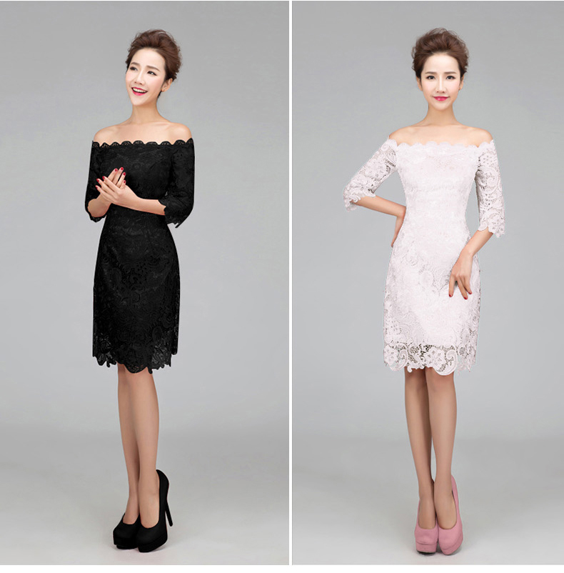 พร้อมเช่า ชุดราตรียาว สีดำ ทรงหางปลา ลูกไม้ทัั้งตัว เปิดไหล่ แขนสามส่วน (เชือกผูกหลัง)