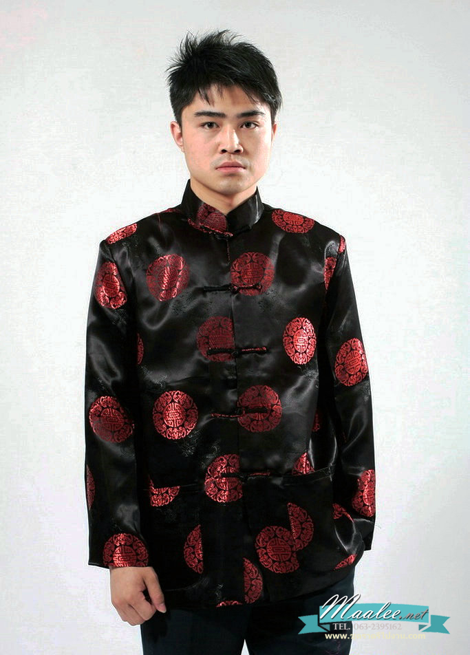 Pre-order ชุดจีน ชาย เสื้อคอจีน ผ้าไหมจีน ทอลาย สีดำ
