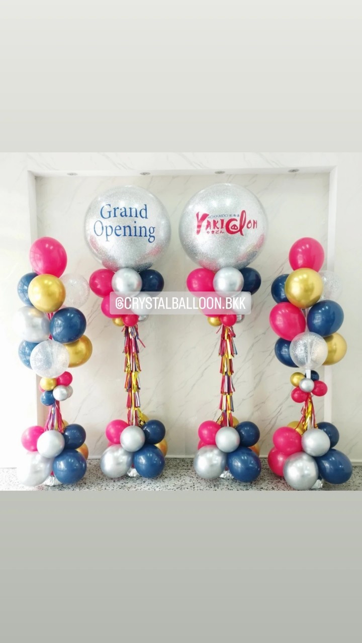 เสาลูกโป่ง เปิดร้าน Bubble ขนาด 36" กลิตเตอร์สีเงิน 2 เสา พร้อม เสาช่อลูกโป่ง 10 ลูก 2 ช่อ พร้อมตกแต่ง สามารถเปลี่ยนสีลูกโป่ง/เปลี่ยนข้อความได้
