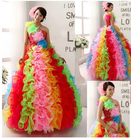 พร้อมเช่า ชุดแฟนซียาว ไหล่เดียว สีรุ้ง ระบายฟูสวย ไหล่เดียว (ซิปหลัง)