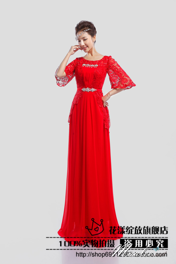 พร้อมเช่า ชุดราตรียาว สีแดง แขนสามส่วน แต่งลูกไม้ จับเดรปทรงนาฬิกาทราย (L=3XL)