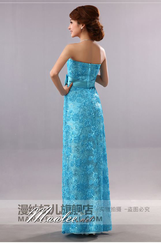 พร้อมส่ง ชุดราตรียาว เกาะอก สีฟ้า ลูกไม้ริบบิ้นปักเลื่อม ทรงหางปลาพร้อมโบว์คาดเอว