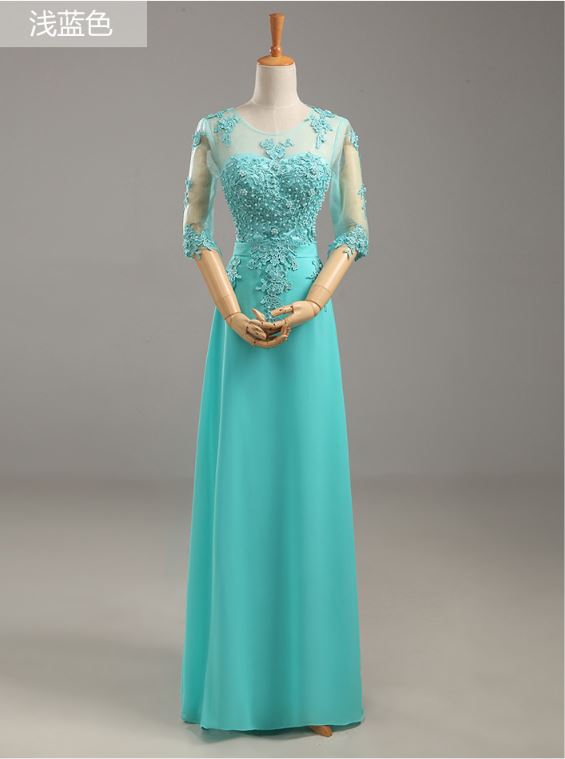 พร้อมเช่า ชุดราตรียาว สีฟ้าอมเขียว แขนยาว แบบเรียบหรู แต่งลูกไม้เซาะดอก ปักลูกปัดมุก