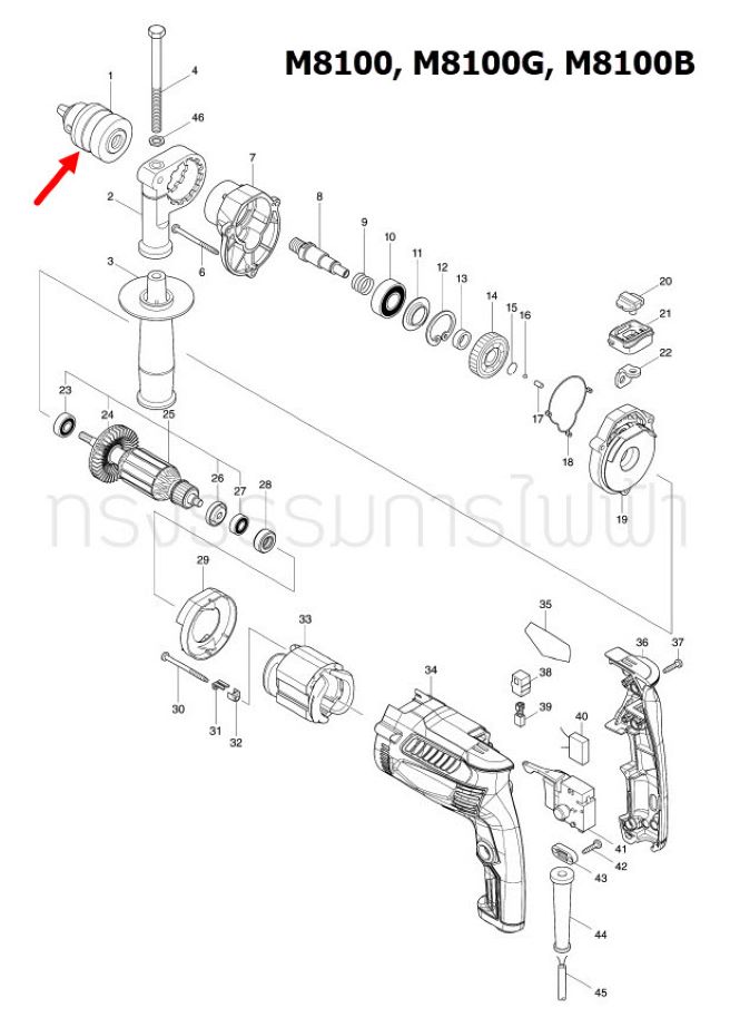 หัวจับดอก สว่านกระเเทก Maktec, Makita MT814, M8100, M8100B, M8100G, M8103B Pn.763232-7 (แท้) ## (**)