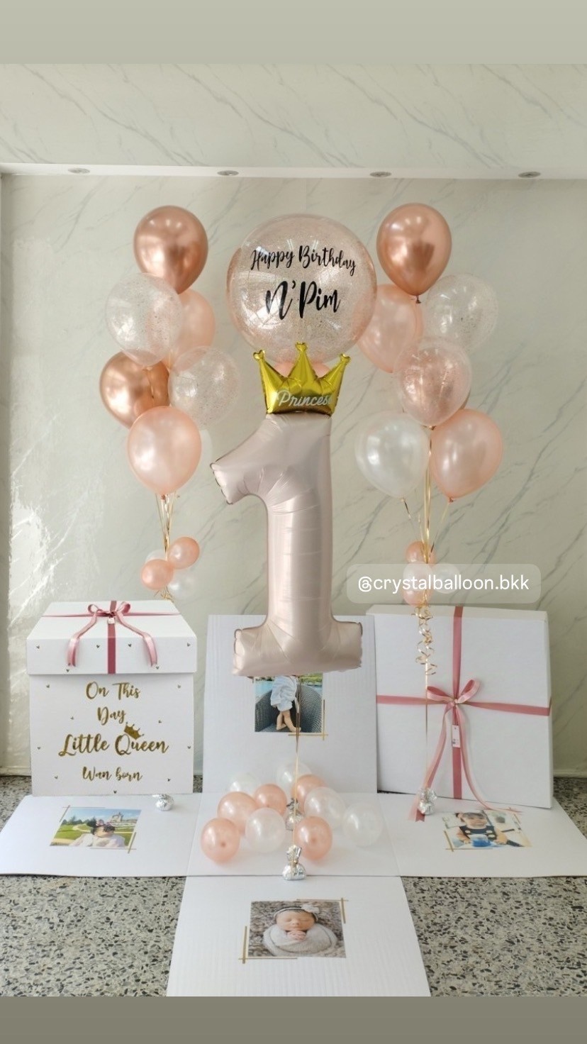 วันเกิดเด็ก Surprised Box กล่องเซอร์ไพรส์วันเกิด Bubble ขนาด 24" กลิตเตอร์โรสโกลด์ พร้อม ช่อลูกโป่ง ช่อ 7 ลูก 2 , ฟอยล์ตัวเลข ขนาด 40' 1 ชิ้น พร้อมตกแต่ง สามารถใส่รูปได้ 4 ใบ สามารถเปลี่ยนสีลูกโป่ง/เปลี่ยนข้อความได้