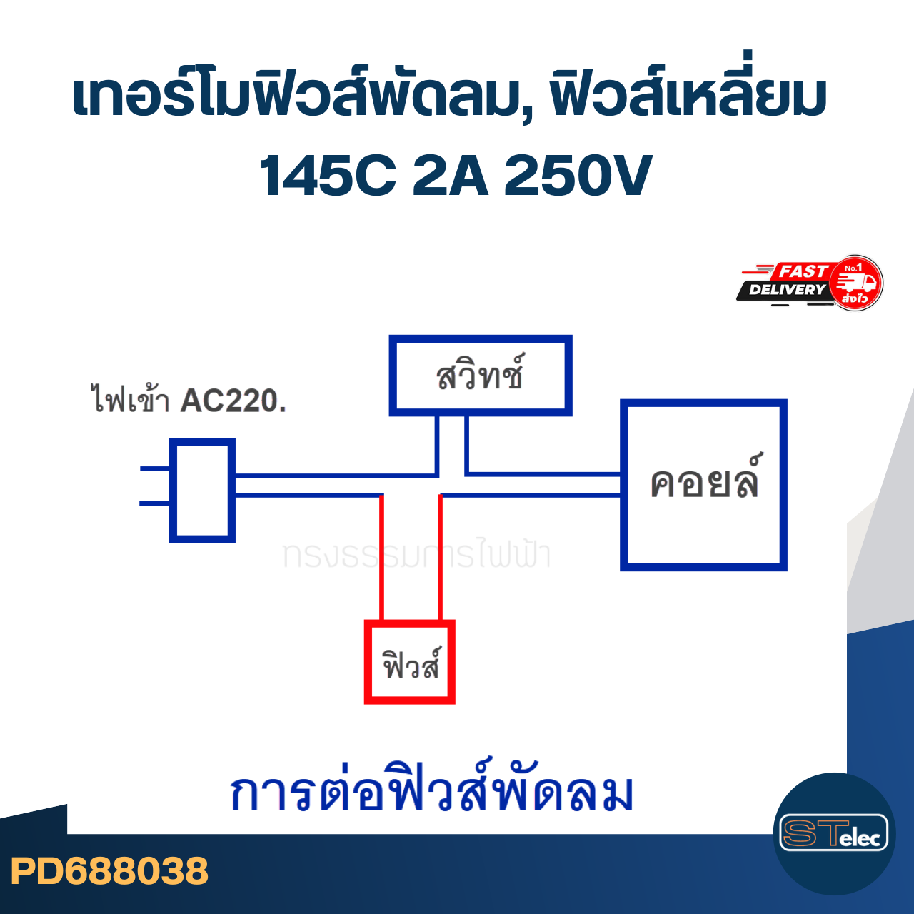 เทอร์โมฟิวส์พัดลม, ฟิวส์เหลี่ยม 145C 2A 250V (เกรดA ทนความร้อนได้ดี) อะไหล่พัดลม
