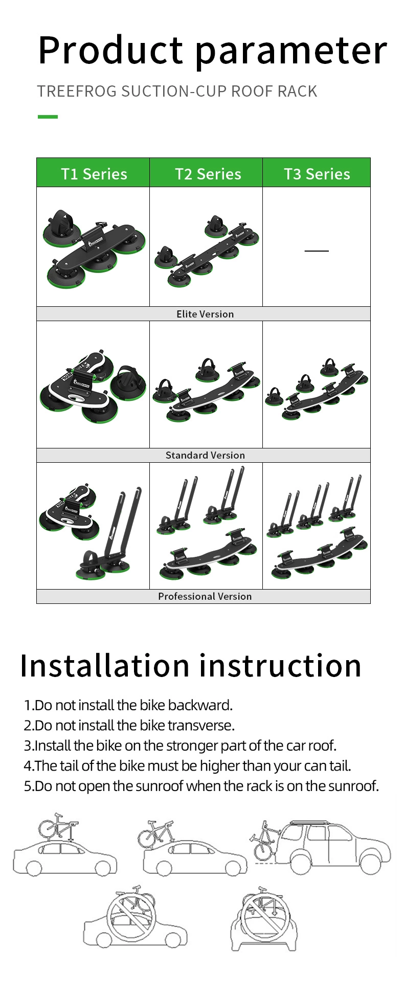 แร็คหลังคาแบบดูด สำหรับบรรทุกจักรยาน แร๊คจักรยาน TreeFrog Bicycle Racks Pro 3, สำหรับจักรยาน 3 คัน, มาตรฐาน CE+TUV