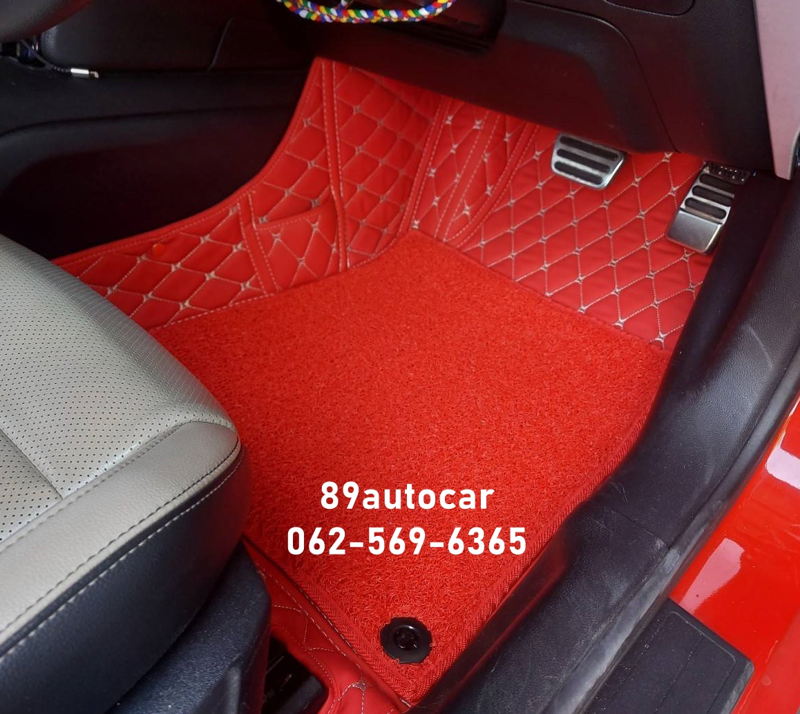 ขายพรมในรถยนต์ Ford Mustang 2020 ปูพรม7D สีแดงสด + พรมดักฝุ่นสีแดง เต็มคัน