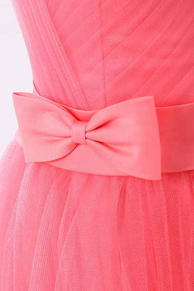 พร้อมส่ง ชุดราตรีสั้น แขนกุด สีเหลืองอ่อน คอวี จับจีบผ้าโปร่งสวย แต่งโบว์ที่เอว