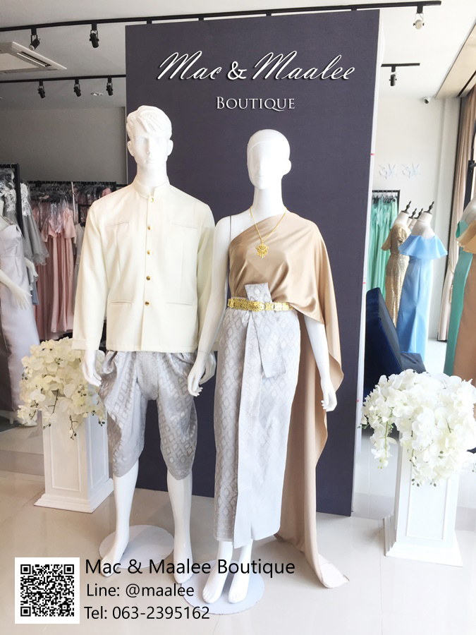 เช่า ชุดไทย ชุดเพื่อนเจ้าสาว ชุดไทยผ้าถุงสีเทาเงิน สไบเรียบ สีน้ำตาลทอง