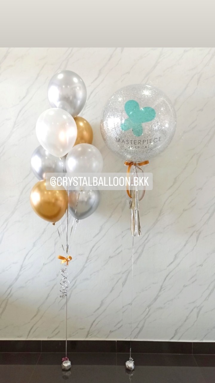 ลูกโป่ง เปิดร้าน Bubble ขนาด 24" กลิตเตอร์สีเงิน 1 ลูก พร้อม ช่อลูกโป่งช่อลูกโป่งสีโครเมี่ยม ช่อ 7 ลูก 1 ช่อ พร้อมตกแต่ง สามารถเปลี่ยนสีลูกโป่ง/เปลี่ยนข้อความ/เปลี่ยนขนาดได้