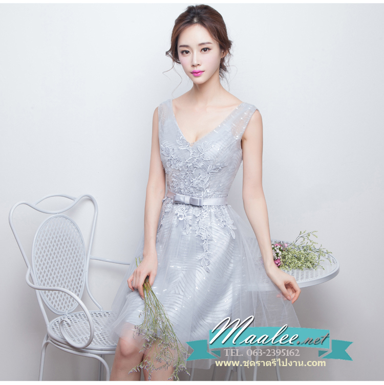 พร้อมเช่า ชุดราตรีสั้น แขนกุด สีเทา แต่งลายลูกไม้ ผ้าตาข่าย ข้างในปักเลื่อมสวย