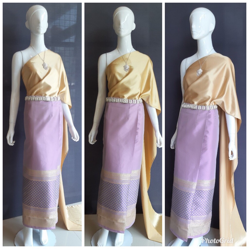 เช่า ชุดไทย ชุดเพื่อนเจ้าสาว ชุดไทยผ้าซิ่นสีเทาชมพู สไบเรียบทอง