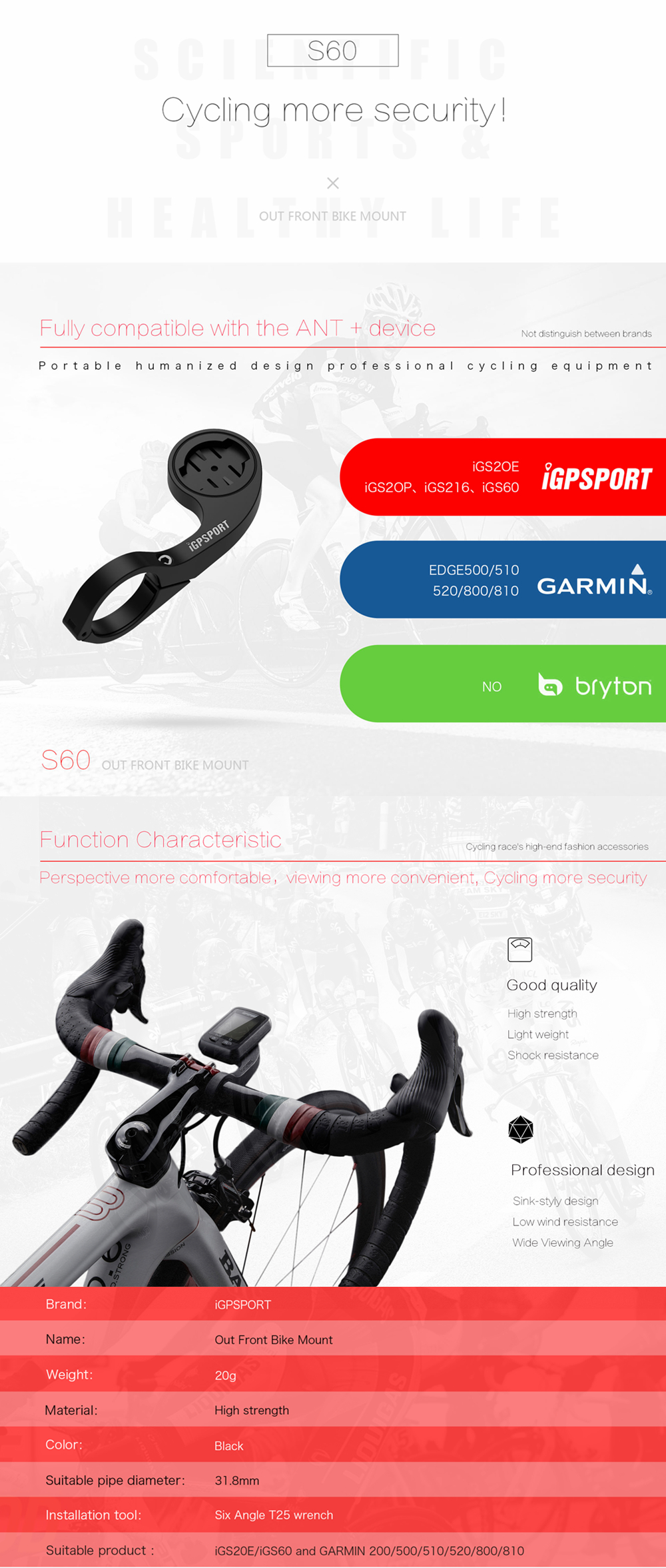 ขาจับไมล์ IGPSPORT S60 ,Out-Front Bike Mount for Bicycle Computer iGS20E/iGS60/iGS10 for GARMIN 200/50