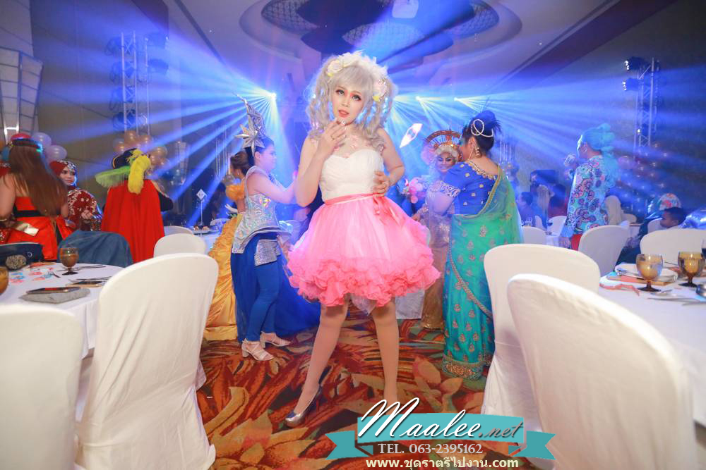 พร้อมเช่า ชุดแฟนซี ชุดราตรีสั้น กระโปรงผ้าแก้วย้วยพองฟู น่ารักมาก แต่งดอกไม้ช่วงอก สีชมพู