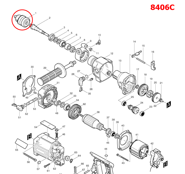 หัวสว่าน สว่าน Makita มากีต้า HP2010N, 8406, 8406C, 6300, 8419B, 6013B, 6013BR, 6300LR Pn.192877-8 (แท้) ##