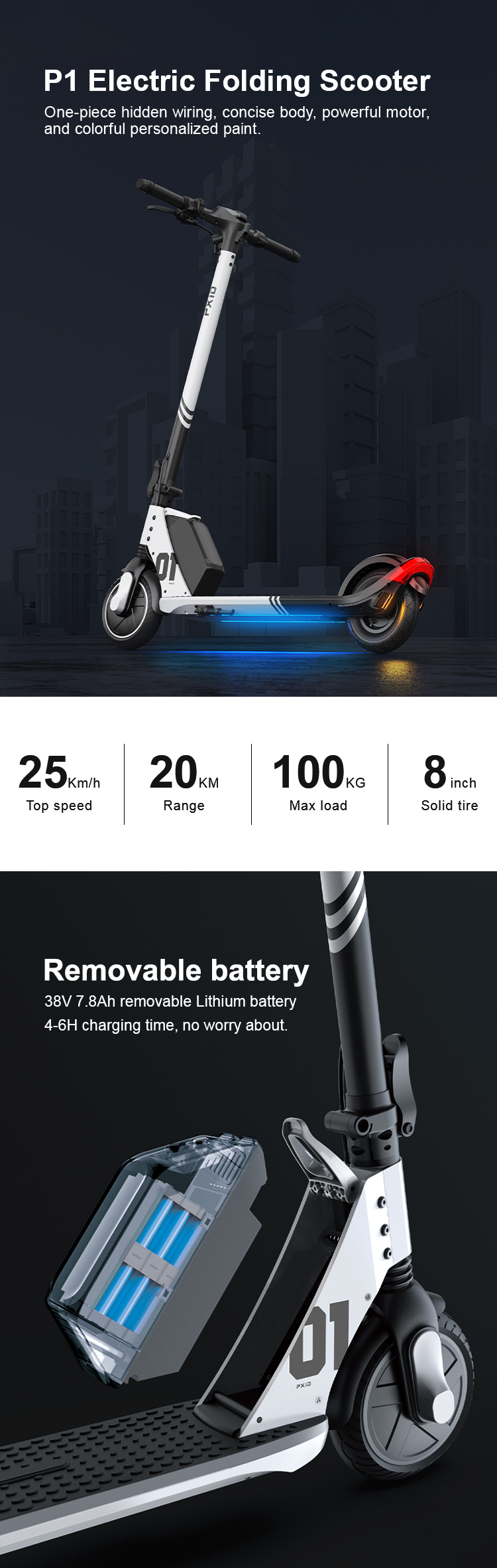 สกู๊ตเตอร์ไฟฟ้า PXID URBAN-P1 New Design Two Wheel Offroad E Scooter 350W Dual Motor Electric Scooter 2023