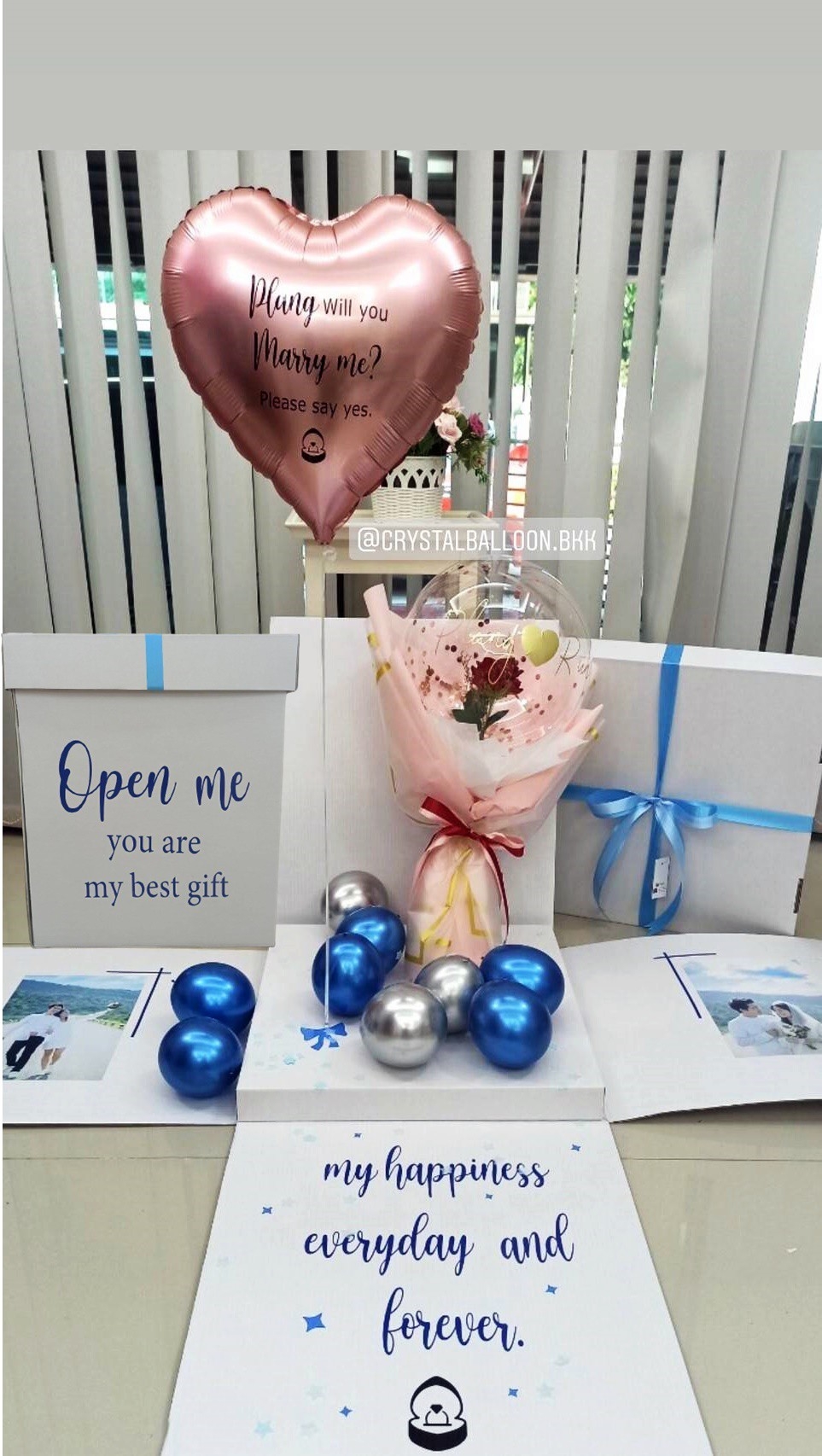 Surprise Box กล่องเซอร์ไพรส์ Will You Marry Me? พร้อมตกแต่ง ช่อดอกกุหลาบ 1 ดอก,ฟอยล์หัวใจ 1 ชิ้น สามารถเปลี่ยนสีลูกโป่ง/ข้อความได้