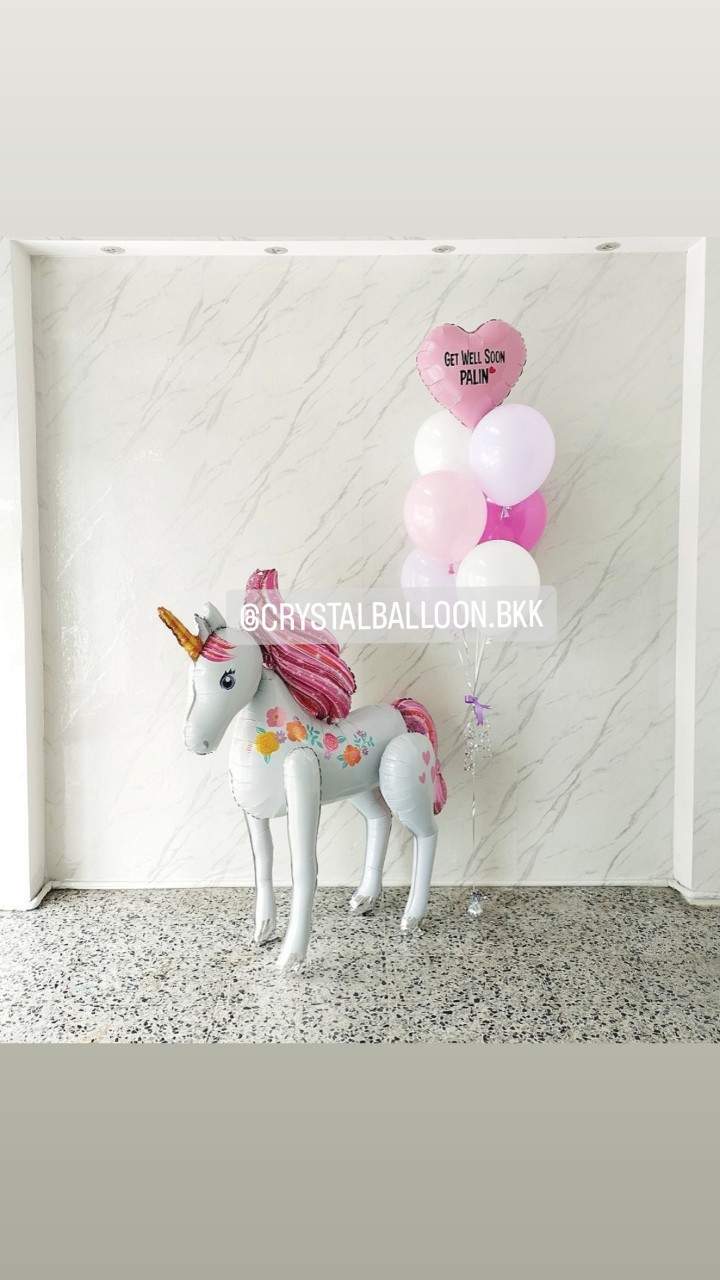 ลูกโป่ง เยี่ยมไข้ ฟอยล์ Unicorn ใหญ่ สีขาว ตั้งพื้น 1 ชิ้น พร้อม ช่อลูกโป่งฟอยล์หัวใจ ขนาด 18" ช่อ 7 ลูก 1 ช่อ พร้อมตกแต่ง สามารถเปลี่ยนสีลูกโป่ง/เปลี่ยนข้อความ/เปลี่ยนฟอยล์ตกแต่งได้